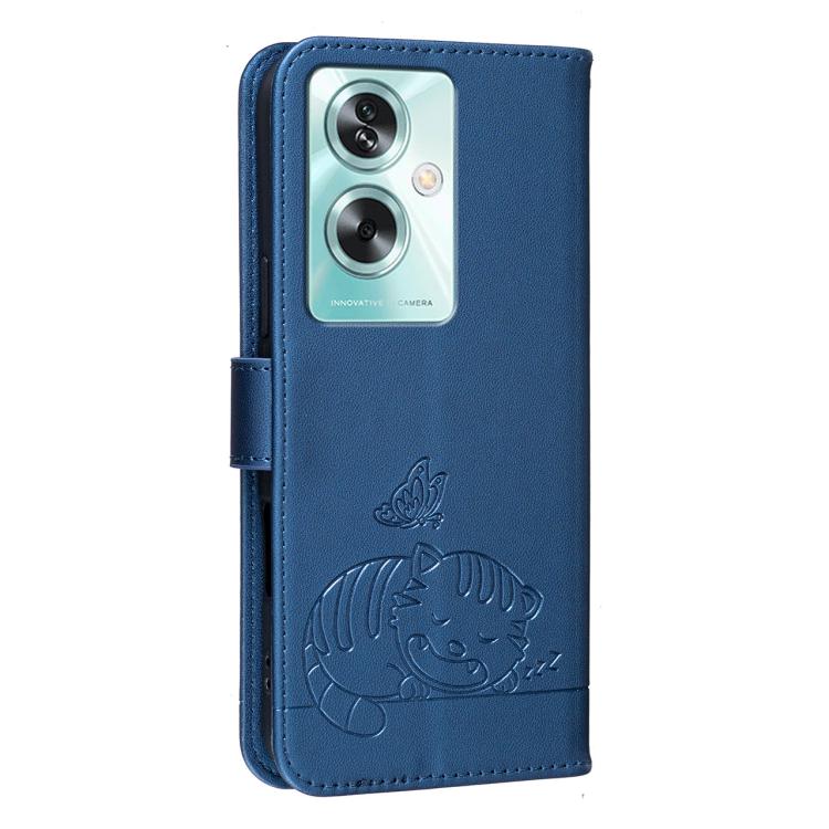 For OPPO A79 5G Global Cat Butterfly Embossed RFID Vegan Leather Phone Case with Strap
