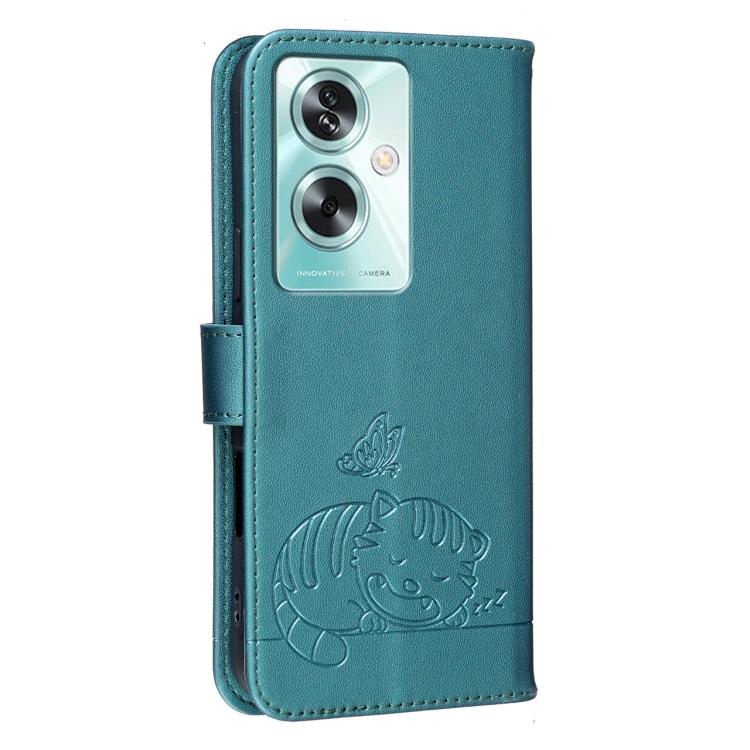For OPPO A79 5G Global Cat Butterfly Embossed RFID Vegan Leather Phone Case with Strap
