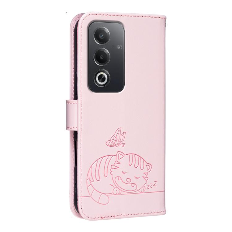 For OPPO A80 5G / A5 5G Global / A3 Pro 5G Cat Butterfly Embossed RFID Vegan Leather Phone Case with Strap