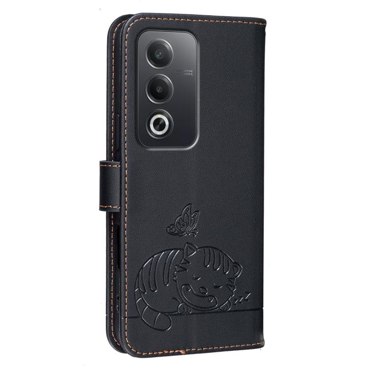 For OPPO A80 5G / A5 5G Global / A3 Pro 5G Cat Butterfly Embossed RFID Vegan Leather Phone Case with Strap