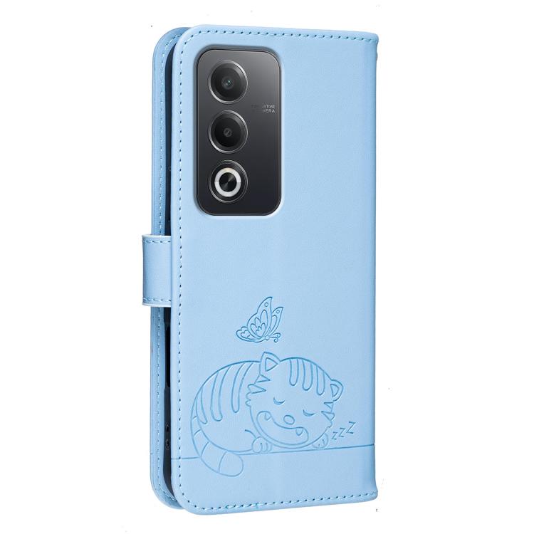 For OPPO A80 5G / A5 5G Global / A3 Pro 5G Cat Butterfly Embossed RFID Vegan Leather Phone Case with Strap