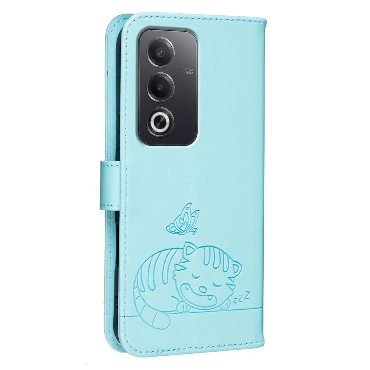 For OPPO A80 5G / A5 5G Global / A3 Pro 5G Cat Butterfly Embossed RFID Vegan Leather Phone Case with Strap
