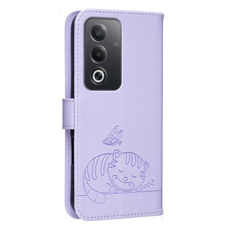 For OPPO A80 5G / A5 5G Global / A3 Pro 5G Cat Butterfly Embossed RFID Vegan Leather Phone Case with Strap