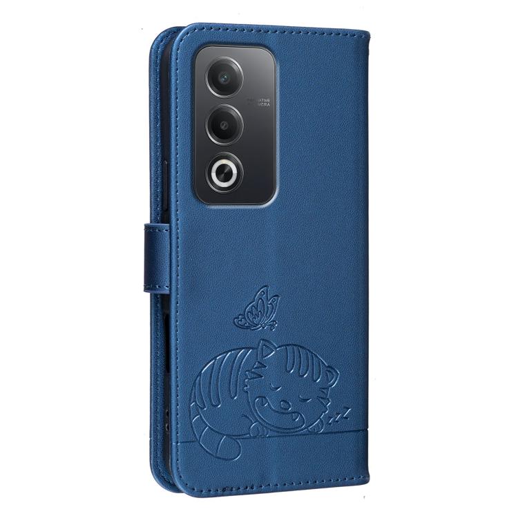 For OPPO A80 5G / A5 5G Global / A3 Pro 5G Cat Butterfly Embossed RFID Vegan Leather Phone Case with Strap
