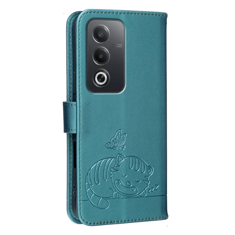 For OPPO A80 5G / A5 5G Global / A3 Pro 5G Cat Butterfly Embossed RFID Vegan Leather Phone Case with Strap
