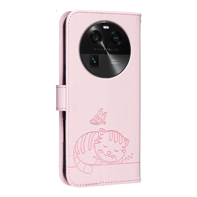 For OPPO Find X6 Cat Butterfly Embossed RFID Vegan Leather Phone Case with Strap