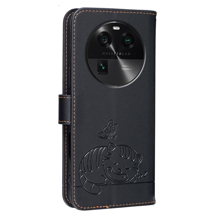 For OPPO Find X6 Cat Butterfly Embossed RFID Vegan Leather Phone Case with Strap