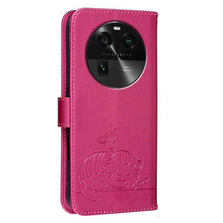 For OPPO Find X6 Cat Butterfly Embossed RFID Vegan Leather Phone Case with Strap