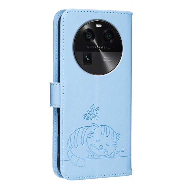 For OPPO Find X6 Cat Butterfly Embossed RFID Vegan Leather Phone Case with Strap