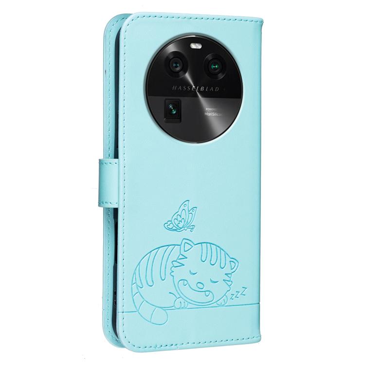For OPPO Find X6 Cat Butterfly Embossed RFID Vegan Leather Phone Case with Strap