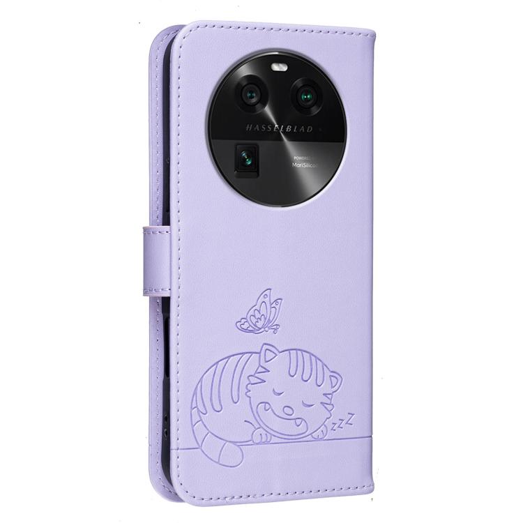 For OPPO Find X6 Cat Butterfly Embossed RFID Vegan Leather Phone Case with Strap
