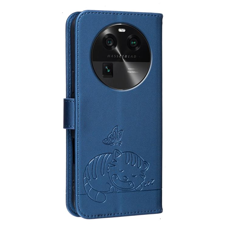 For OPPO Find X6 Cat Butterfly Embossed RFID Vegan Leather Phone Case with Strap