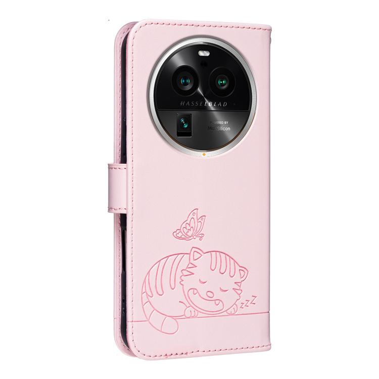 For OPPO Find X6 Pro Cat Butterfly Embossed RFID Vegan Leather Phone Case with Strap
