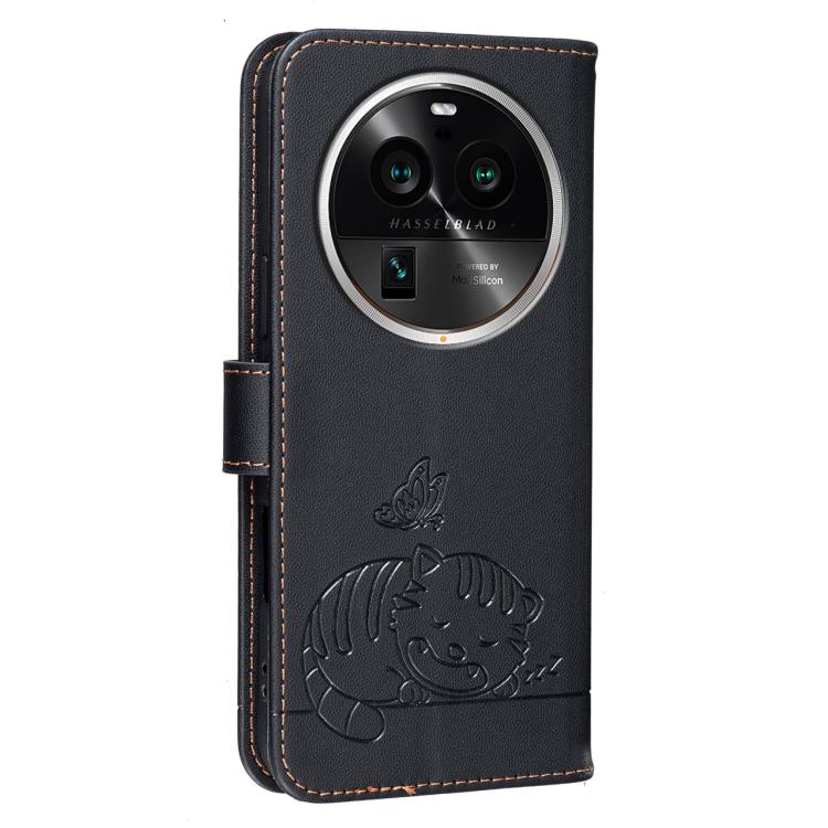 For OPPO Find X6 Pro Cat Butterfly Embossed RFID Vegan Leather Phone Case with Strap