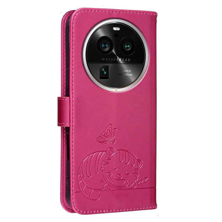 For OPPO Find X6 Pro Cat Butterfly Embossed RFID Vegan Leather Phone Case with Strap