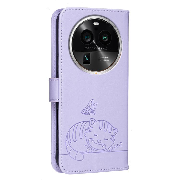 For OPPO Find X6 Pro Cat Butterfly Embossed RFID Vegan Leather Phone Case with Strap
