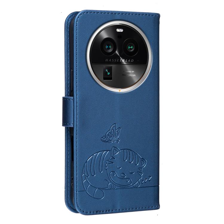 For OPPO Find X6 Pro Cat Butterfly Embossed RFID Vegan Leather Phone Case with Strap
