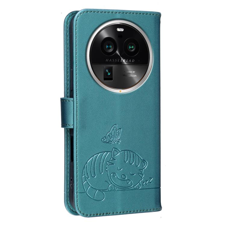 For OPPO Find X6 Pro Cat Butterfly Embossed RFID Vegan Leather Phone Case with Strap