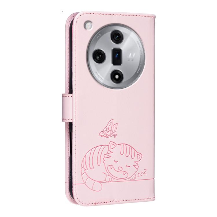 For OPPO Find X7 Cat Butterfly Embossed RFID Vegan Leather Phone Case with Strap