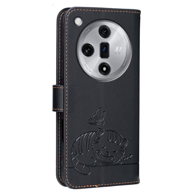 For OPPO Find X7 Cat Butterfly Embossed RFID Vegan Leather Phone Case with Strap