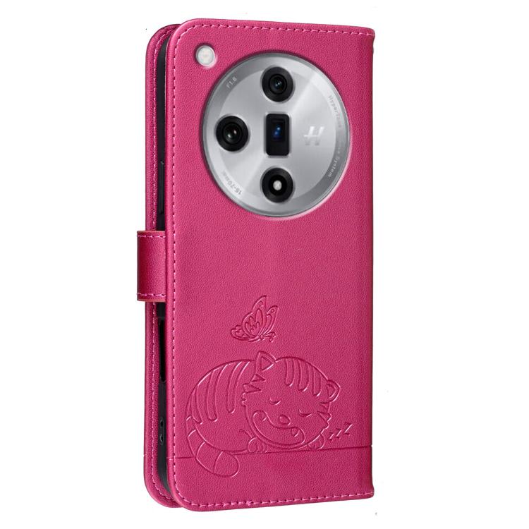 For OPPO Find X7 Cat Butterfly Embossed RFID Vegan Leather Phone Case with Strap