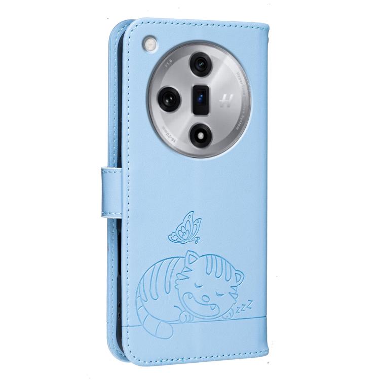 For OPPO Find X7 Cat Butterfly Embossed RFID Vegan Leather Phone Case with Strap
