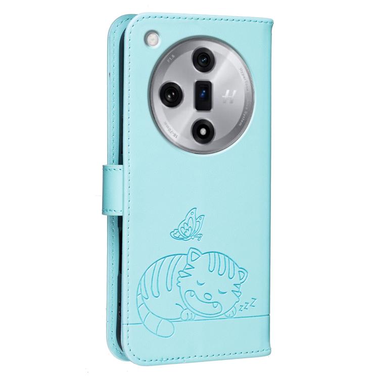 For OPPO Find X7 Cat Butterfly Embossed RFID Vegan Leather Phone Case with Strap