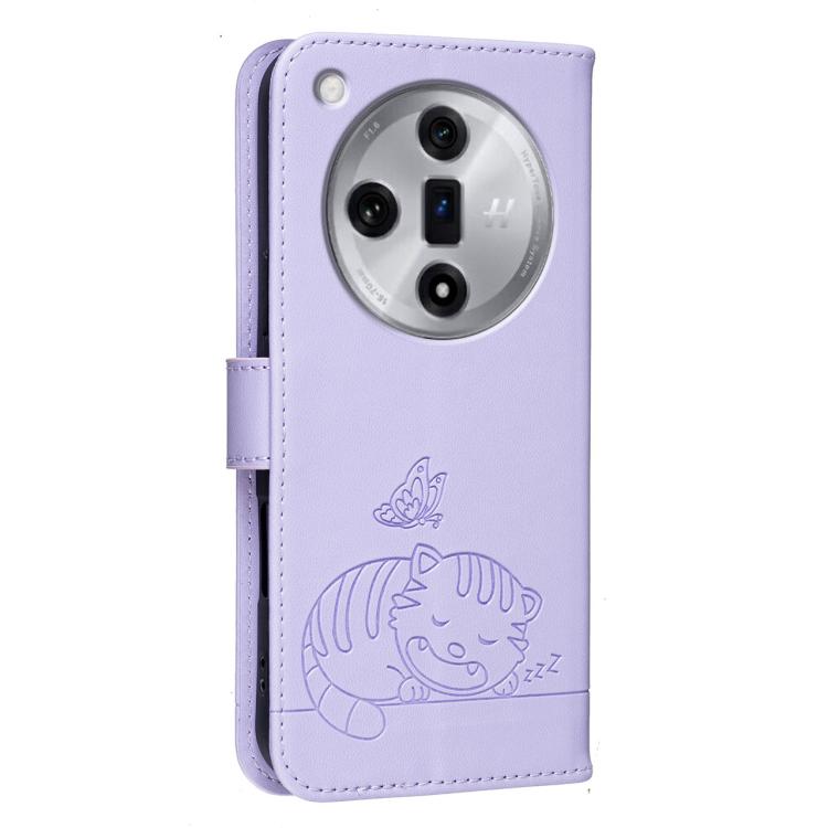For OPPO Find X7 Cat Butterfly Embossed RFID Vegan Leather Phone Case with Strap