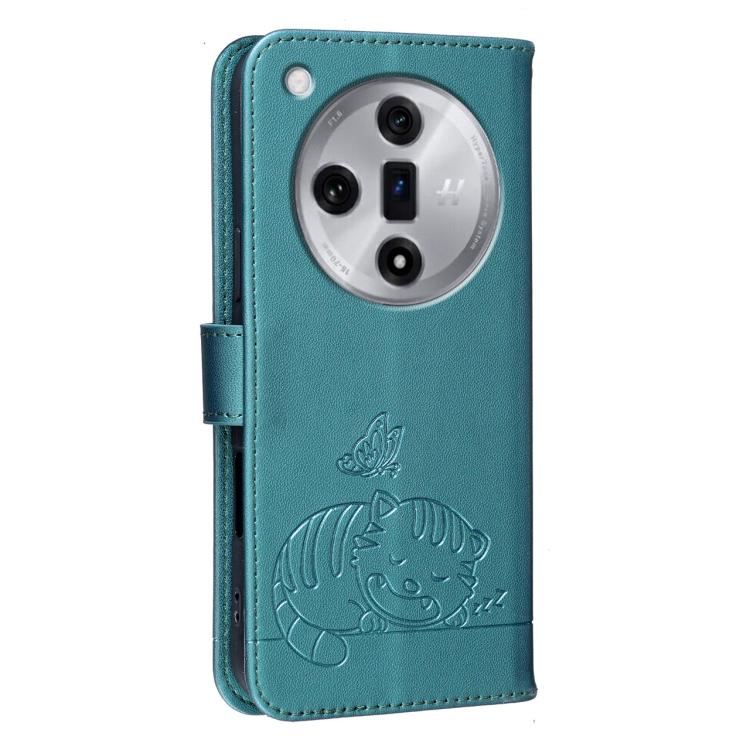 For OPPO Find X7 Cat Butterfly Embossed RFID Vegan Leather Phone Case with Strap