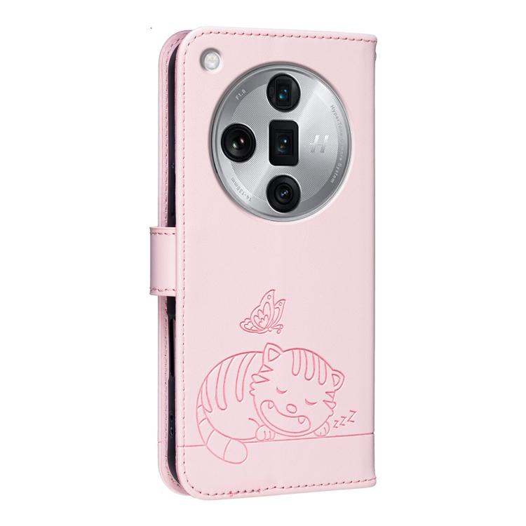 For OPPO Find X7 Ultra Cat Butterfly Embossed RFID Vegan Leather Phone Case with Strap