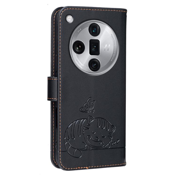 For OPPO Find X7 Ultra Cat Butterfly Embossed RFID Vegan Leather Phone Case with Strap