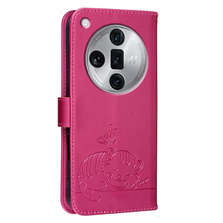 For OPPO Find X7 Ultra Cat Butterfly Embossed RFID Vegan Leather Phone Case with Strap