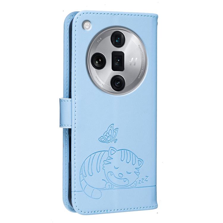 For OPPO Find X7 Ultra Cat Butterfly Embossed RFID Vegan Leather Phone Case with Strap