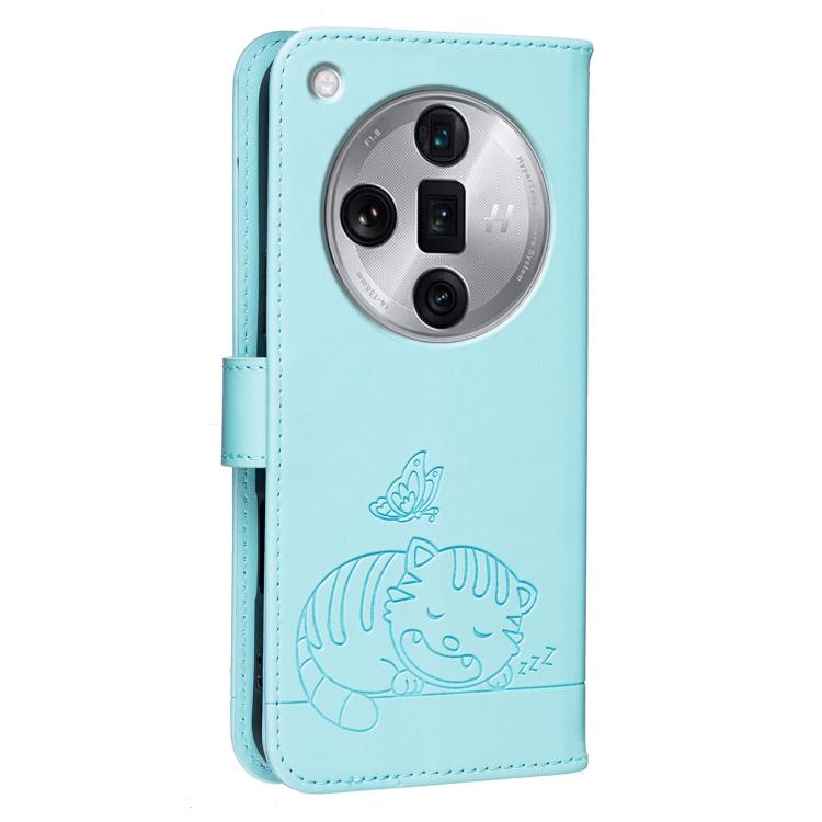 For OPPO Find X7 Ultra Cat Butterfly Embossed RFID Vegan Leather Phone Case with Strap