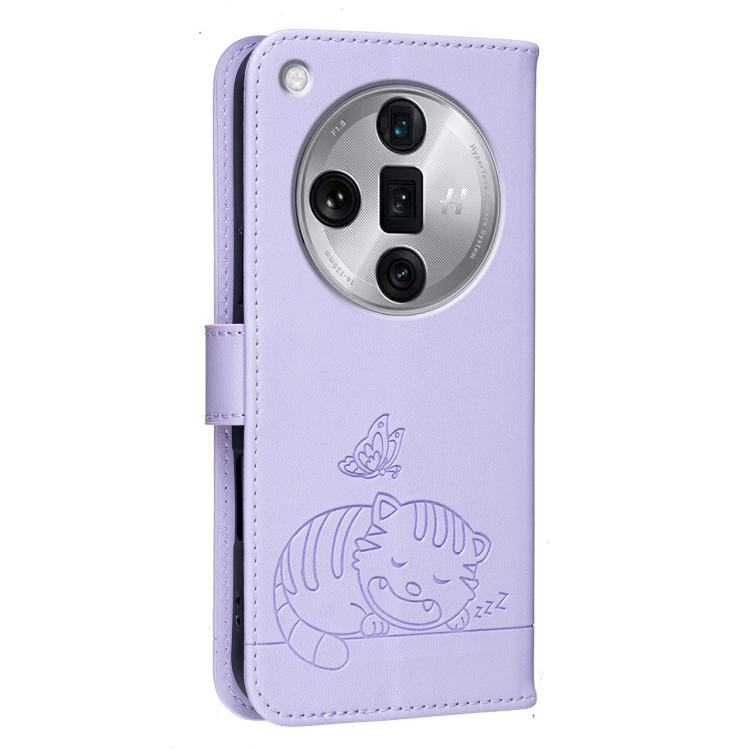 For OPPO Find X7 Ultra Cat Butterfly Embossed RFID Vegan Leather Phone Case with Strap