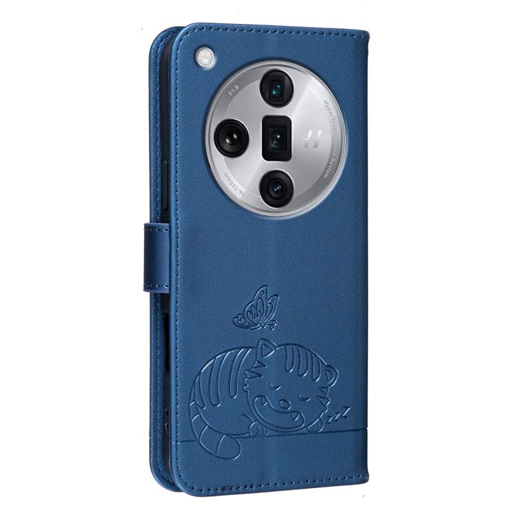 For OPPO Find X7 Ultra Cat Butterfly Embossed RFID Vegan Leather Phone Case with Strap
