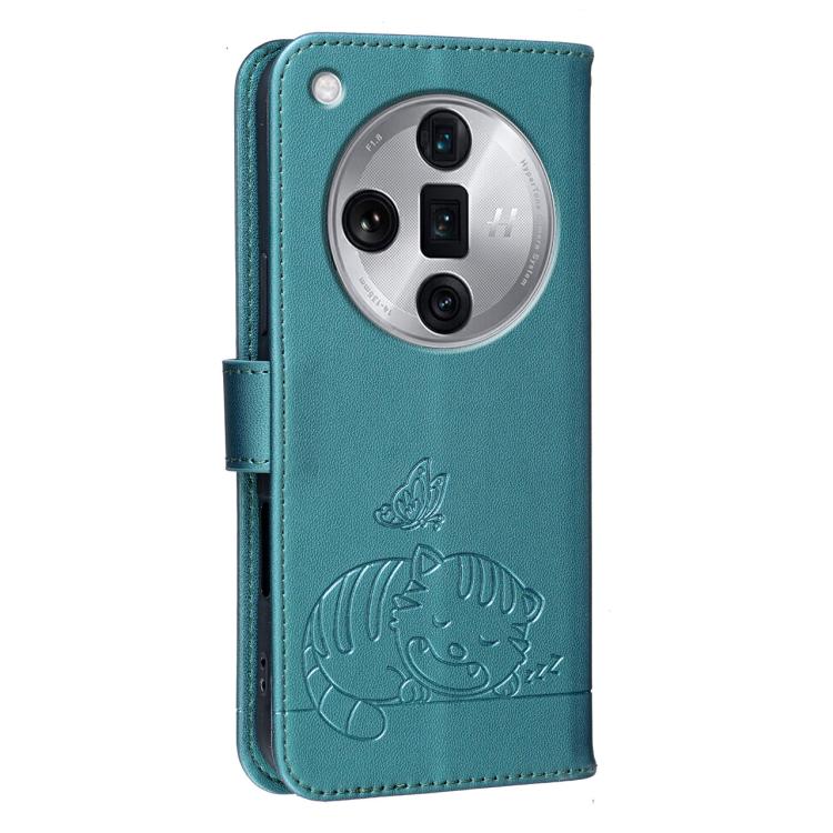 For OPPO Find X7 Ultra Cat Butterfly Embossed RFID Vegan Leather Phone Case with Strap