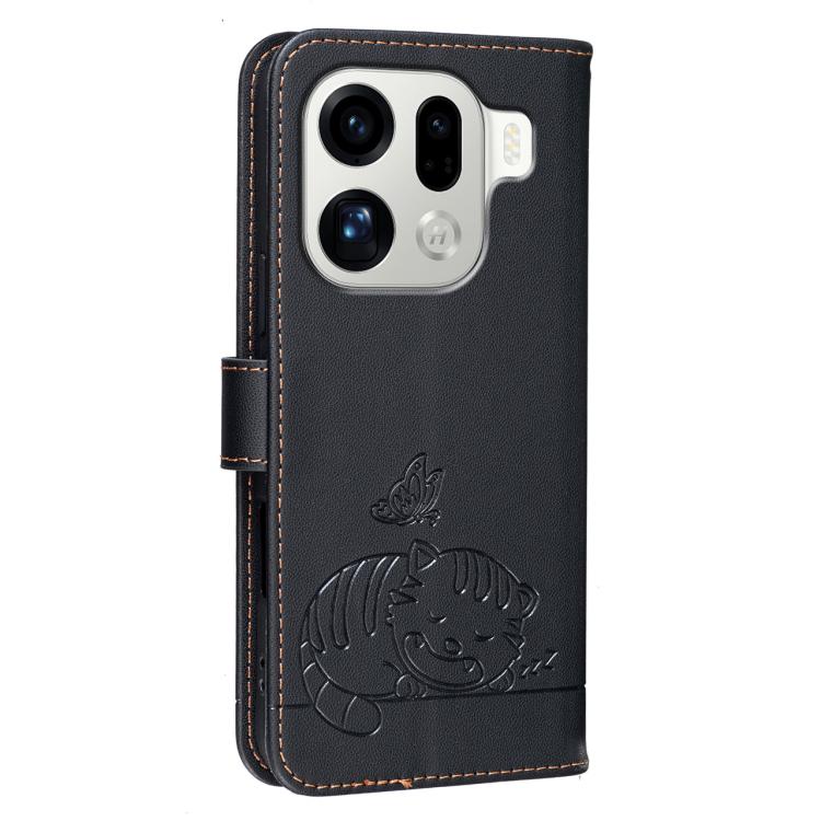 For OPPO Find X9 Pro Cat Butterfly Embossed RFID Vegan Leather Phone Case with Strap