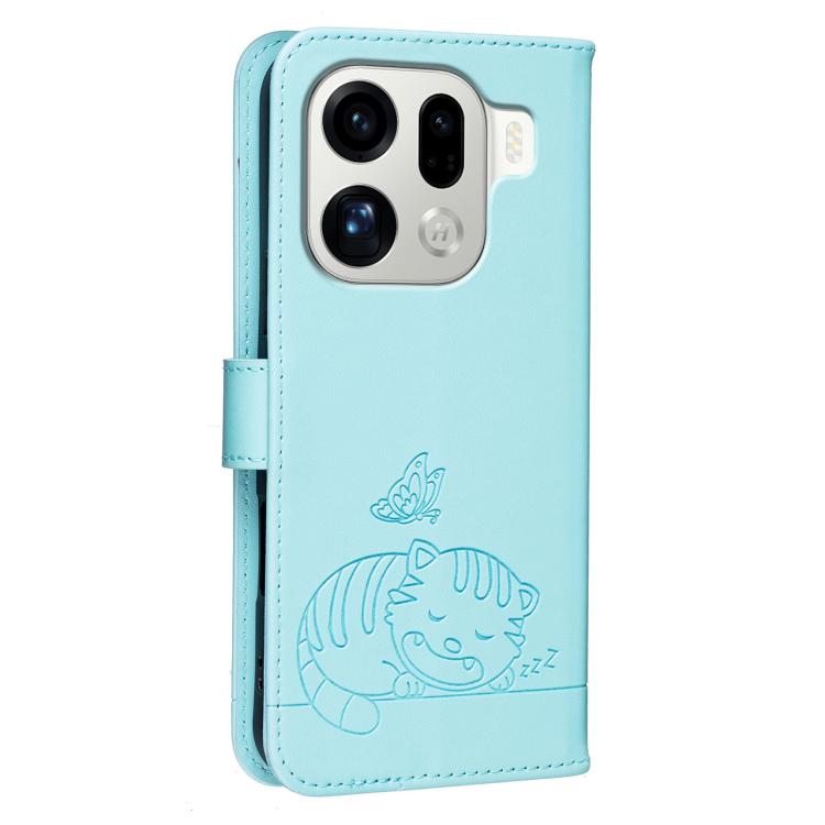 For OPPO Find X9 Pro Cat Butterfly Embossed RFID Vegan Leather Phone Case with Strap