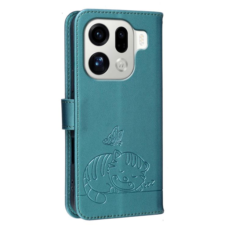 For OPPO Find X9 Pro Cat Butterfly Embossed RFID Vegan Leather Phone Case with Strap