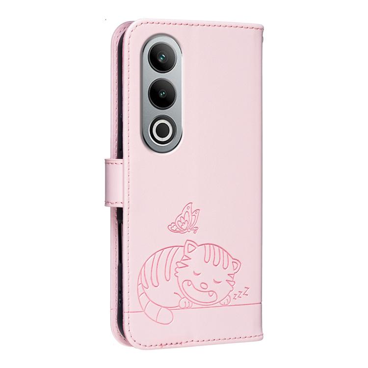 For OPPO K12 Cat Butterfly Embossed RFID Vegan Leather Phone Case with Strap