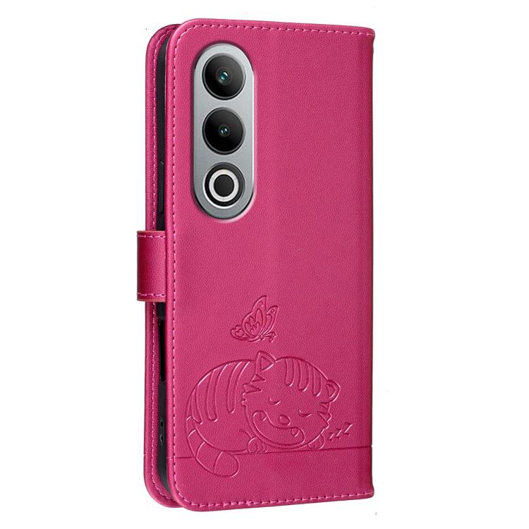 For OPPO K12 Cat Butterfly Embossed RFID Vegan Leather Phone Case with Strap