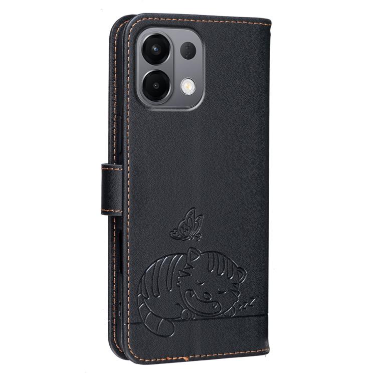 For OPPO K13 Cat Butterfly Embossed RFID Vegan Leather Phone Case with Strap