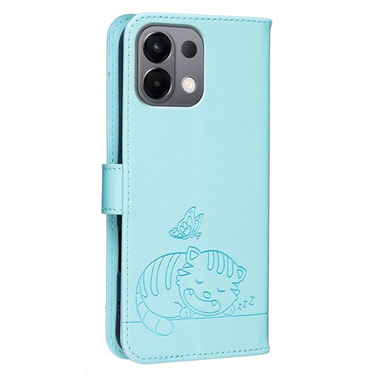 For OPPO K13 Cat Butterfly Embossed RFID Vegan Leather Phone Case with Strap