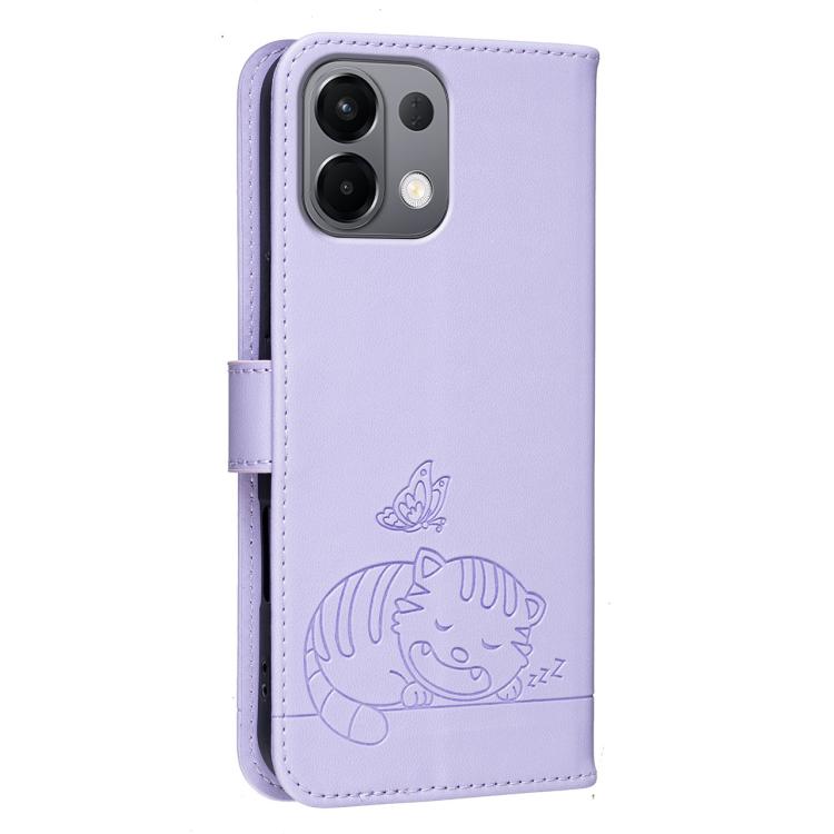 For OPPO K13 Cat Butterfly Embossed RFID Vegan Leather Phone Case with Strap