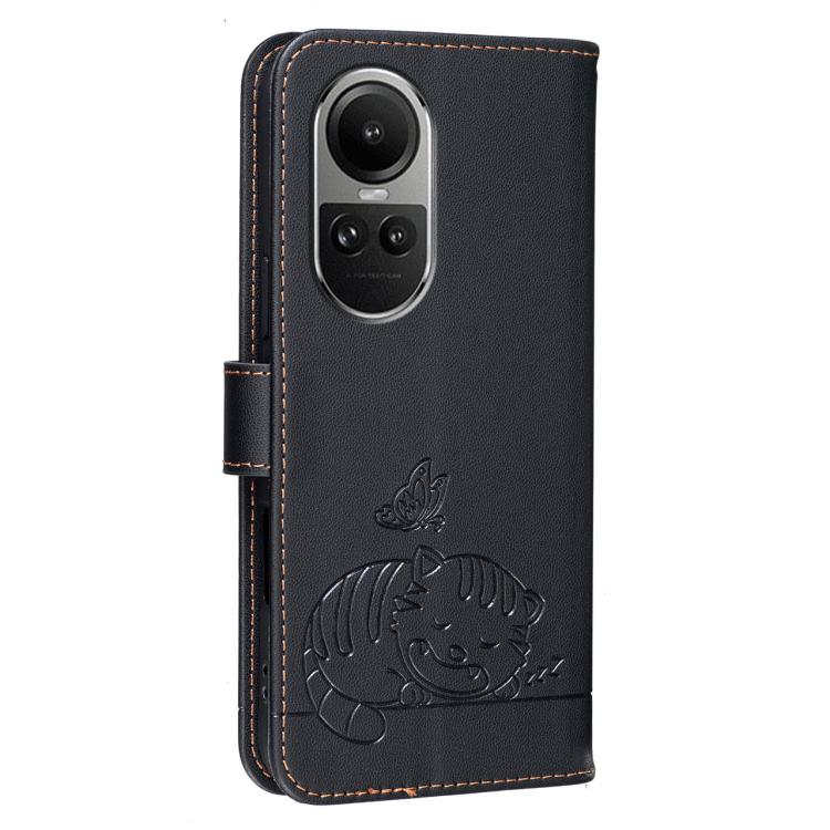 For OPPO Reno10 / Reno10 Pro Global Cat Butterfly Embossed RFID Vegan Leather Phone Case with Strap