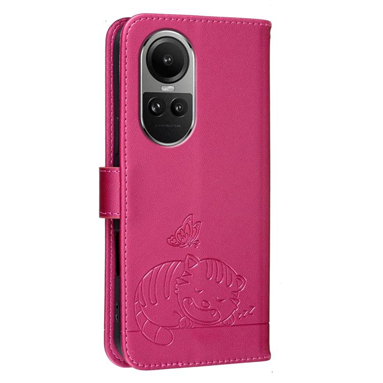 For OPPO Reno10 / Reno10 Pro Global Cat Butterfly Embossed RFID Vegan Leather Phone Case with Strap
