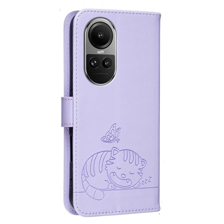 For OPPO Reno10 / Reno10 Pro Global Cat Butterfly Embossed RFID Vegan Leather Phone Case with Strap