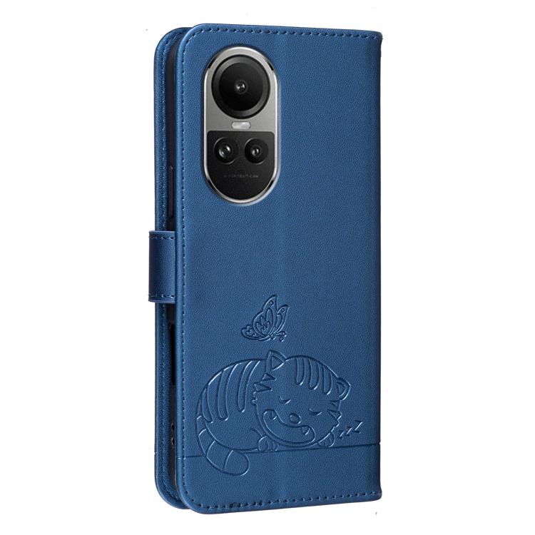 For OPPO Reno10 / Reno10 Pro Global Cat Butterfly Embossed RFID Vegan Leather Phone Case with Strap