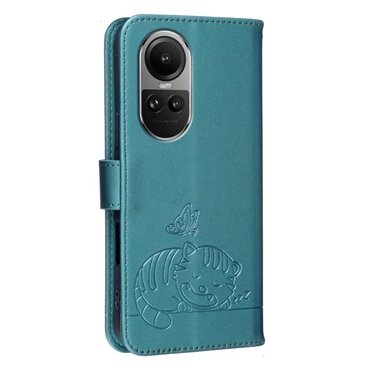 For OPPO Reno10 / Reno10 Pro Global Cat Butterfly Embossed RFID Vegan Leather Phone Case with Strap